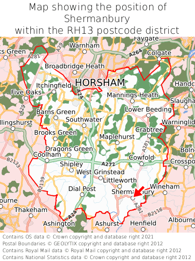 Map showing location of Shermanbury within RH13