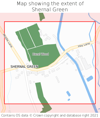 Map showing extent of Shernal Green as bounding box