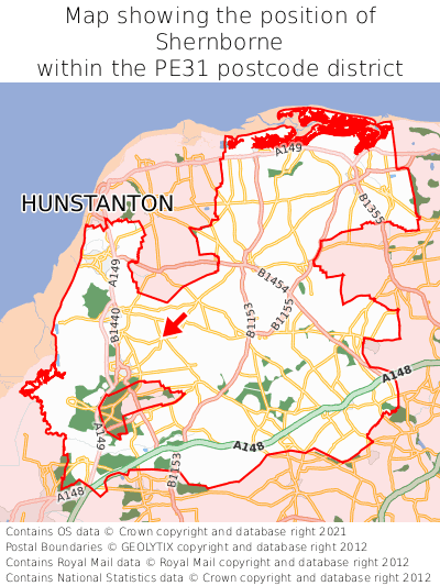 Map showing location of Shernborne within PE31