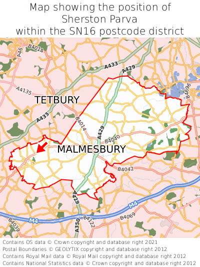 Map showing location of Sherston Parva within SN16