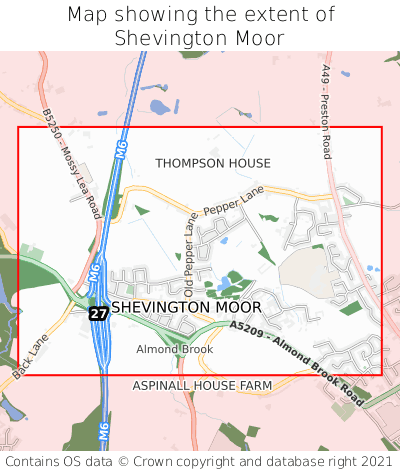 Map showing extent of Shevington Moor as bounding box