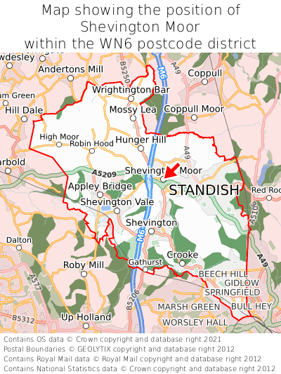 Map showing location of Shevington Moor within WN6