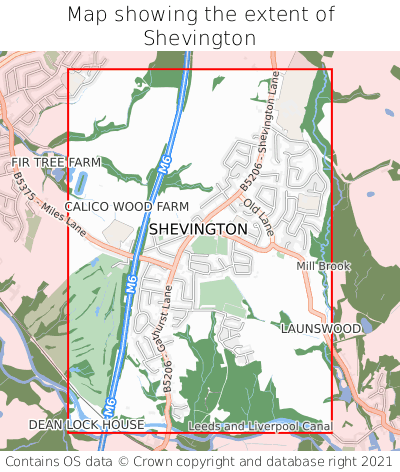 Map showing extent of Shevington as bounding box