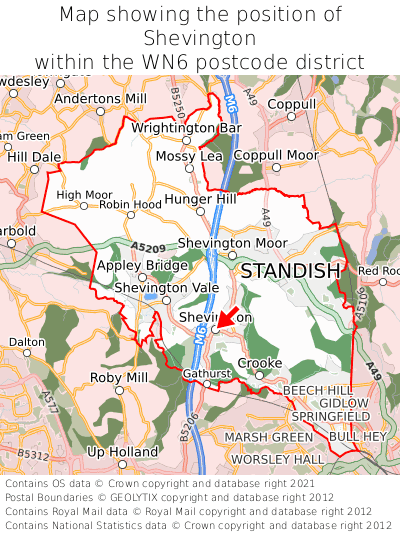Map showing location of Shevington within WN6