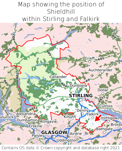 Map showing location of Shieldhill within Stirling and Falkirk