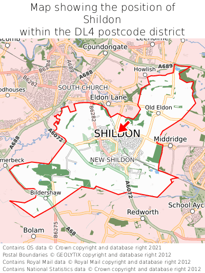 Map showing location of Shildon within DL4