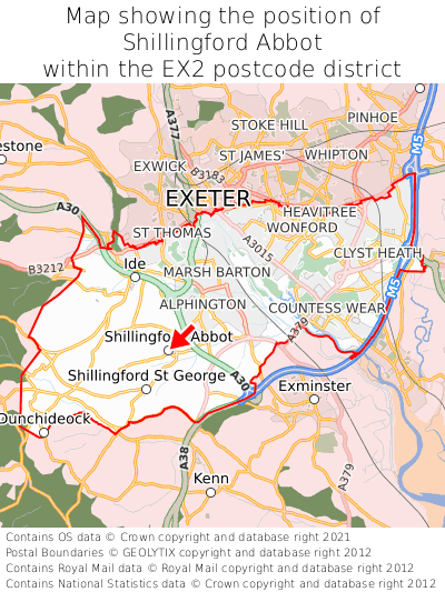 Map showing location of Shillingford Abbot within EX2