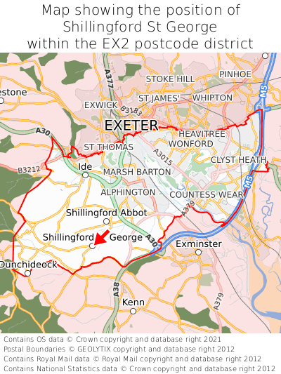 Map showing location of Shillingford St George within EX2