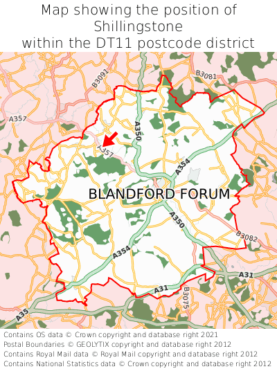 Map showing location of Shillingstone within DT11