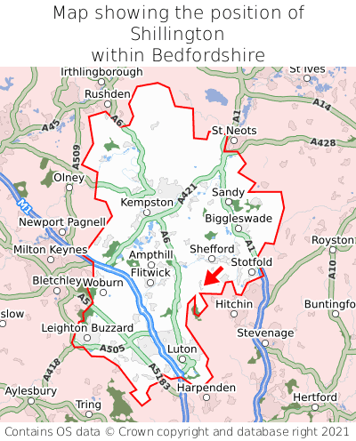 Map showing location of Shillington within Bedfordshire
