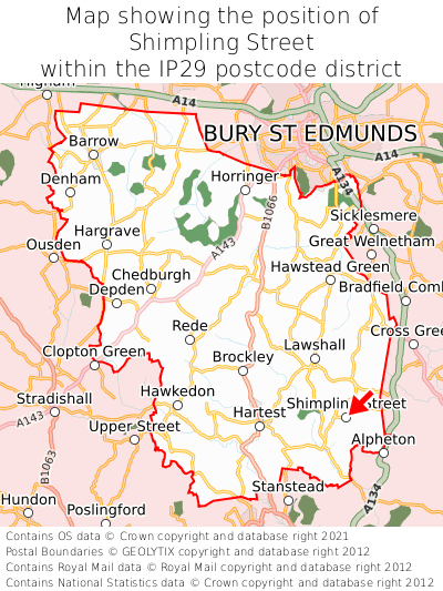 Map showing location of Shimpling Street within IP29