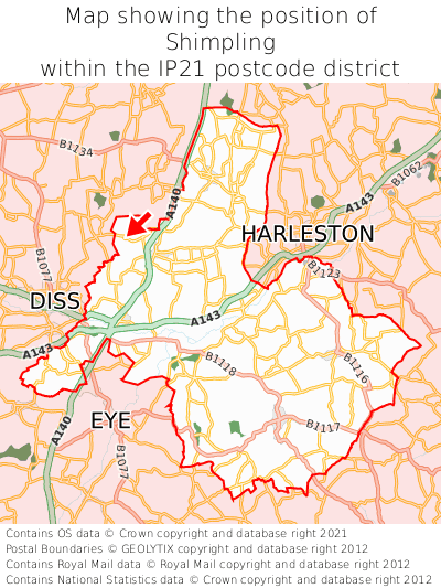 Map showing location of Shimpling within IP21