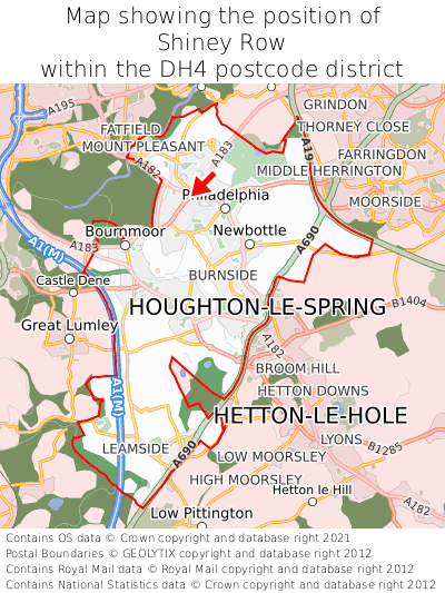 Map showing location of Shiney Row within DH4
