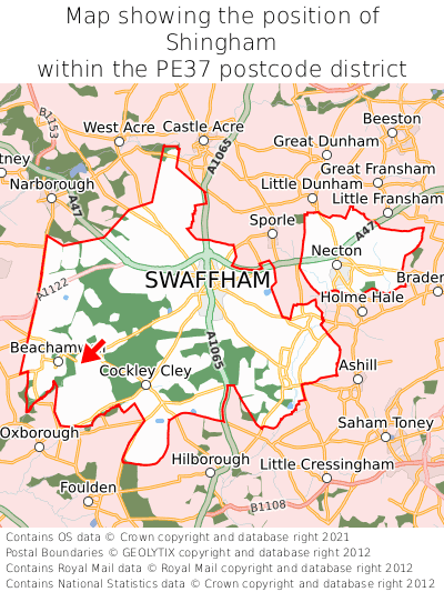 Map showing location of Shingham within PE37