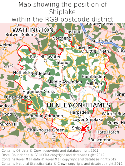 Map showing location of Shiplake within RG9
