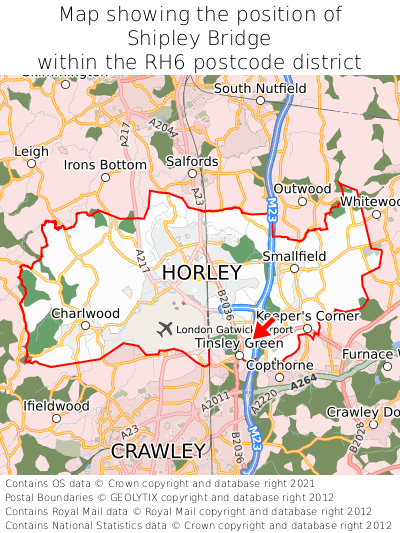 Map showing location of Shipley Bridge within RH6