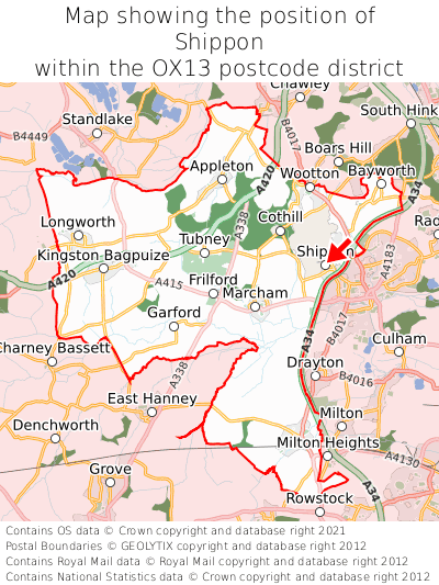 Map showing location of Shippon within OX13