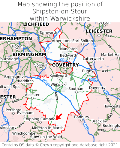 Map showing location of Shipston-on-Stour within Warwickshire