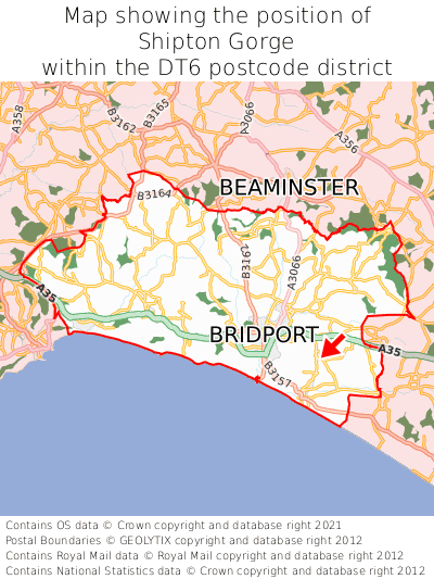 Map showing location of Shipton Gorge within DT6