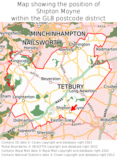 Map showing location of Shipton Moyne within GL8