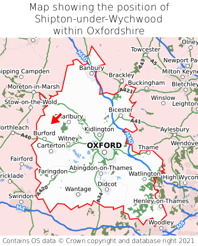 Map showing location of Shipton-under-Wychwood within Oxfordshire