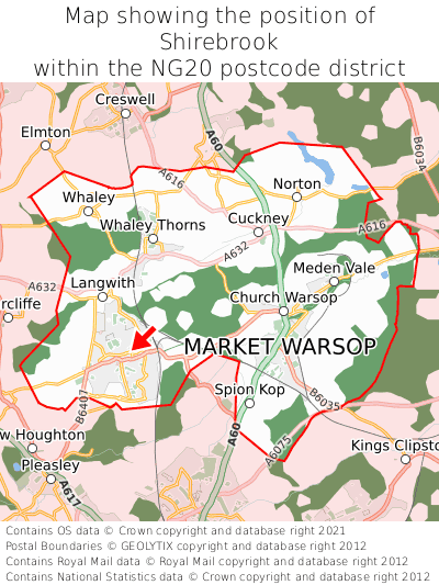 Map showing location of Shirebrook within NG20
