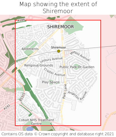 Map showing extent of Shiremoor as bounding box