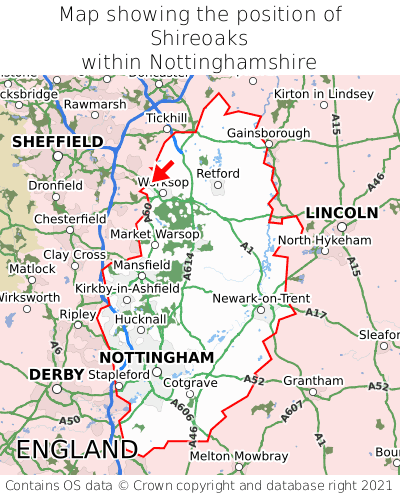 Map showing location of Shireoaks within Nottinghamshire