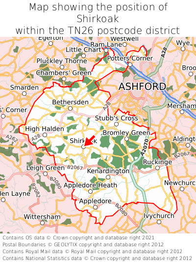 Map showing location of Shirkoak within TN26