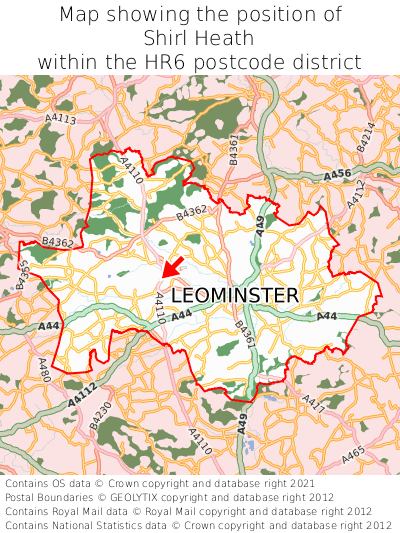 Map showing location of Shirl Heath within HR6