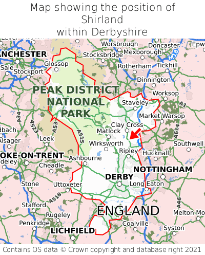 Map showing location of Shirland within Derbyshire