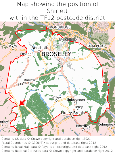 Map showing location of Shirlett within TF12