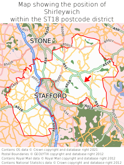 Map showing location of Shirleywich within ST18