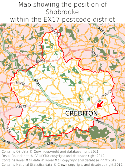 Map showing location of Shobrooke within EX17