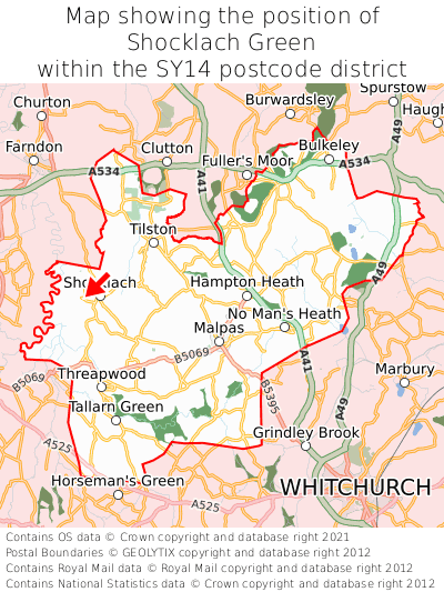 Map showing location of Shocklach Green within SY14