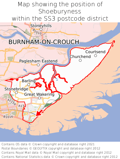 Map showing location of Shoeburyness within SS3