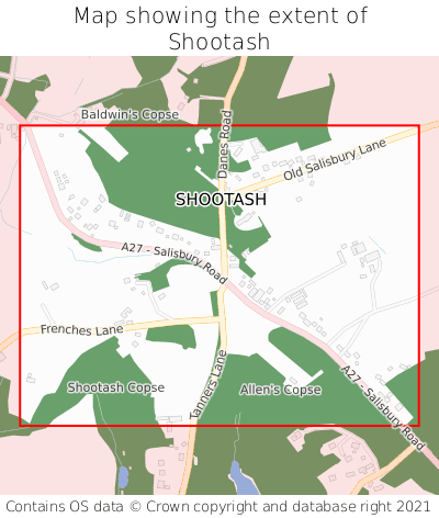 Map showing extent of Shootash as bounding box