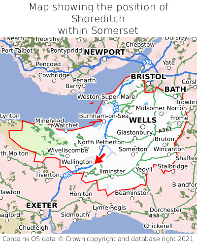 Map showing location of Shoreditch within Somerset