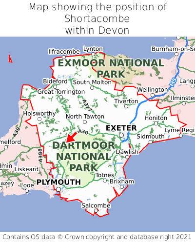 Map showing location of Shortacombe within Devon