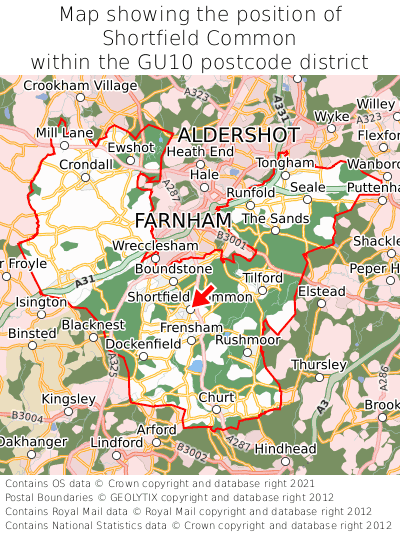 Map showing location of Shortfield Common within GU10