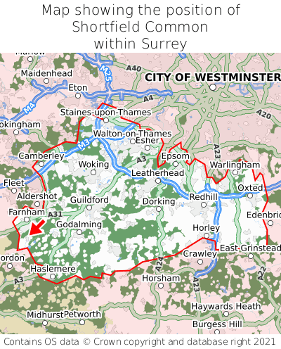 Map showing location of Shortfield Common within Surrey