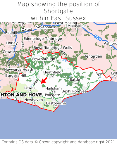 Map showing location of Shortgate within East Sussex