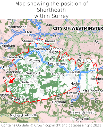 Map showing location of Shortheath within Surrey