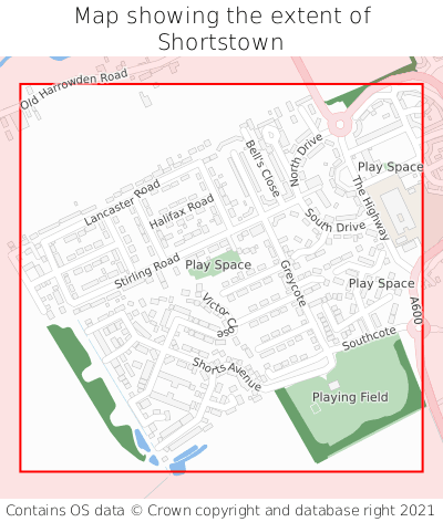 Map showing extent of Shortstown as bounding box