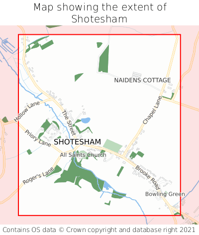 Map showing extent of Shotesham as bounding box
