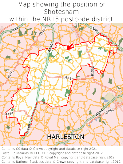 Map showing location of Shotesham within NR15