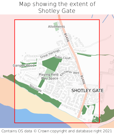 Map showing extent of Shotley Gate as bounding box