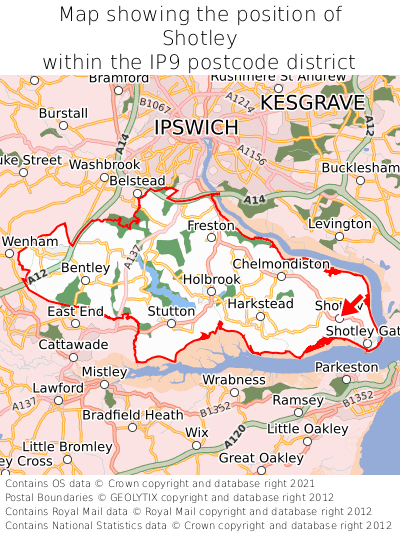 Map showing location of Shotley within IP9