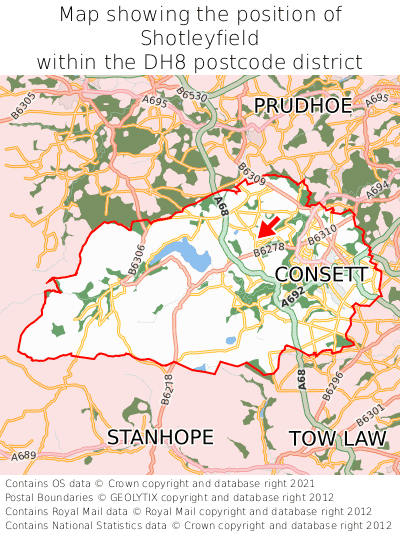 Map showing location of Shotleyfield within DH8