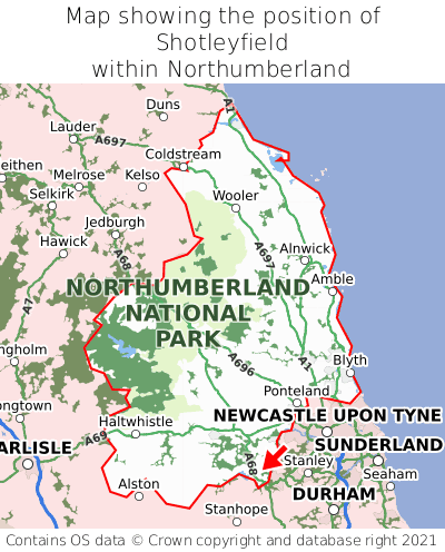 Map showing location of Shotleyfield within Northumberland